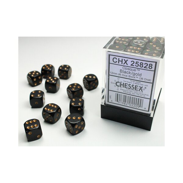 Opaque 12mm D6 Black/gold Dice Block™ (36 Würfel)