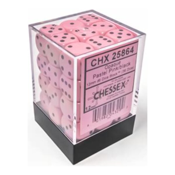 Opaque 12mm D6 Pastel Pink/black Dice Block™ (36 Würfel)